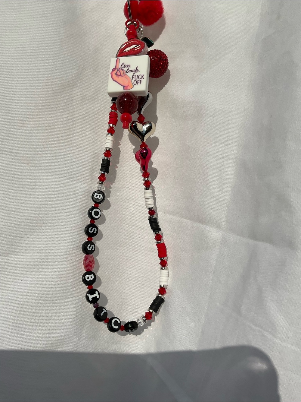 Beaded 'Boss B” Keychain with metal pave cherry charm and beaded key fob